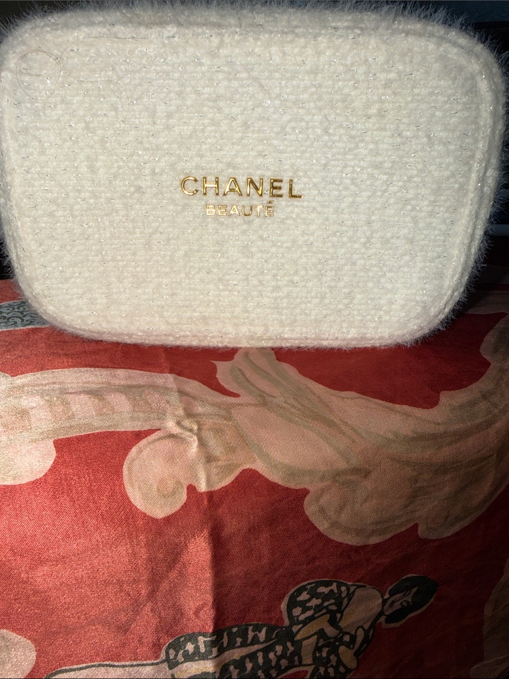 CHANEL Cream Tweed Zip Pouch with Gold Logo